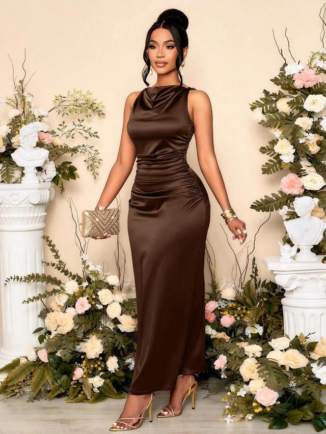 chocolate brown cowl neck ruched satin midi dress