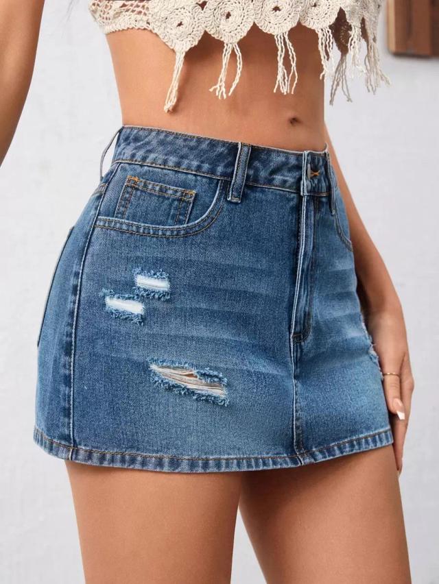 distressed blue denim mini skirt