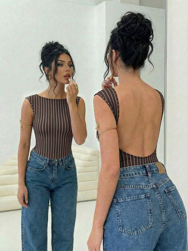 brown striped sleeveless backless bodysuit