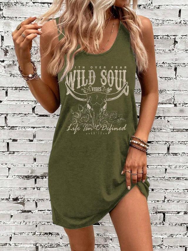 olive green steer head graphic sleeveless casual dress