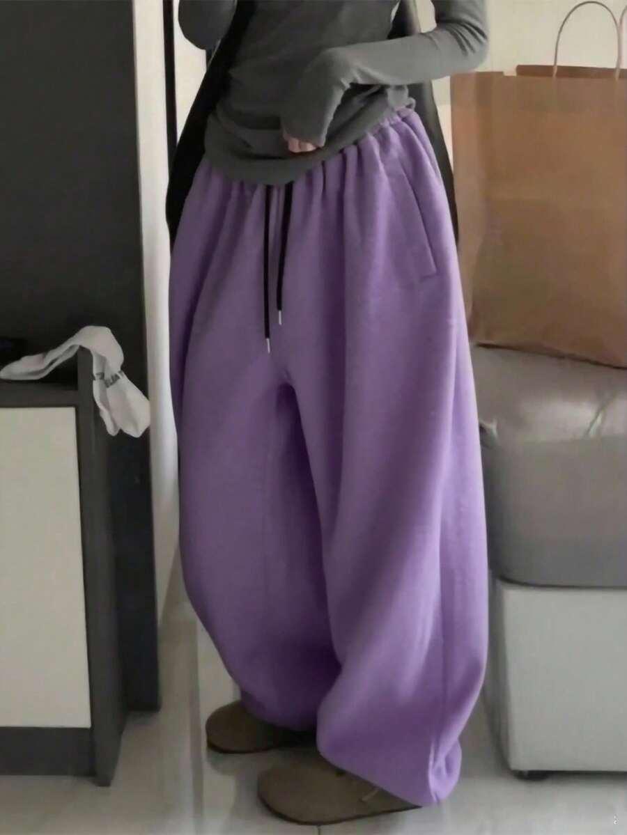 purple elastic waist drawstring loose casual jogger pants