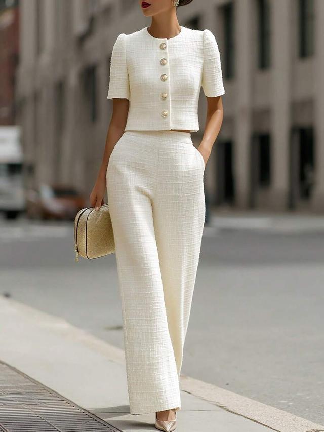 french style cream tweed cropped jacket and trousers set