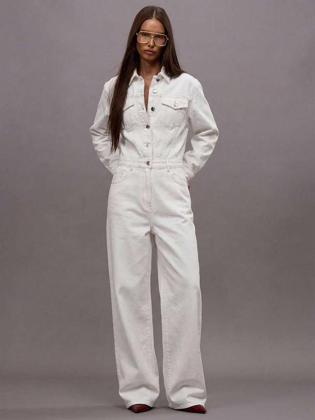 white denim button down long sleeve jumpsuit