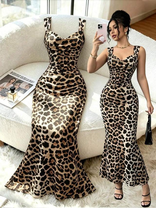 selianne leopard print ruched waist-cinched party dress