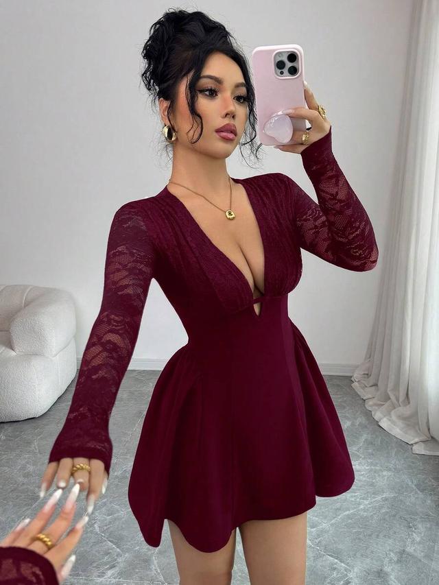 burgundy lace patchwork deep v neck mini dress