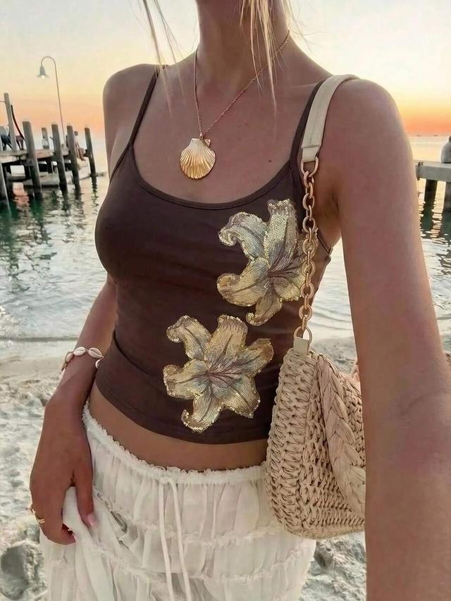 brown floral sequin embroidery camisole top