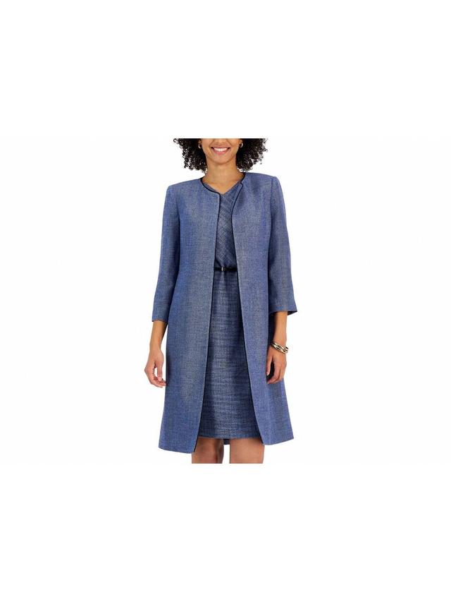 women's collarless 3/4-sleeve blue tweed topper jacket