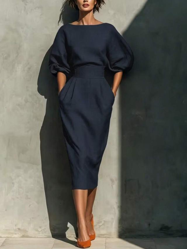 navy blue midi dress with puff sleeves