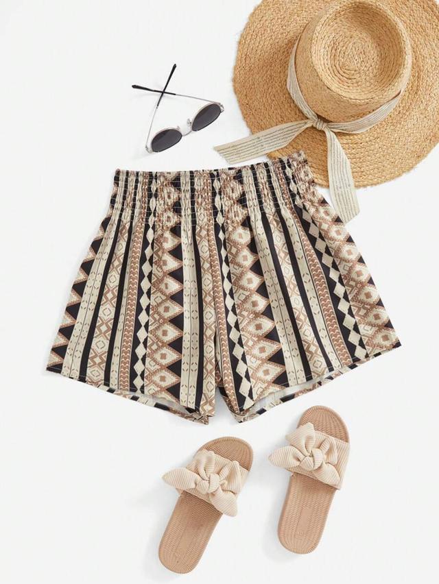 geometric print woven drawstring shorts with elastic waist