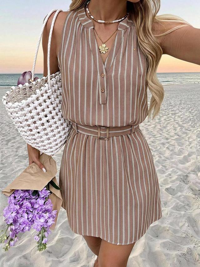 brown and white striped sleeveless v-neck summer dress