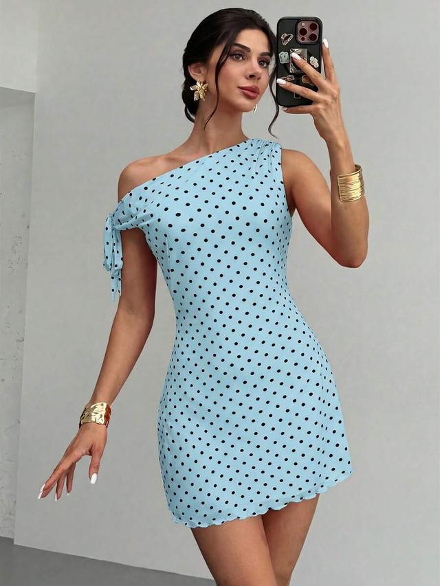 blue polka dot off-shoulder mini tea dress