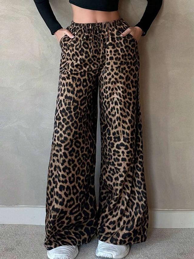 leopard print wide leg casual trousers