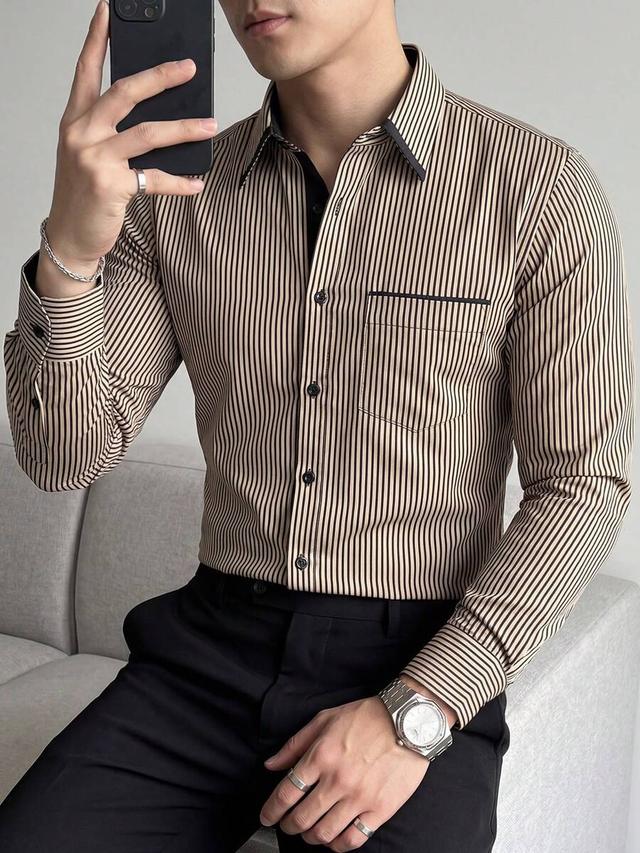 men's striped long sleeve business casual button up shirt