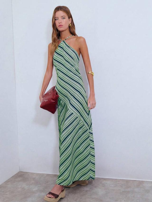 green striped halter neck maxi dress