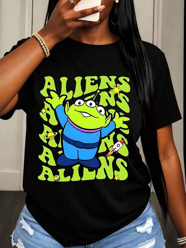 black cotton crew neck alien graphic print t-shirt