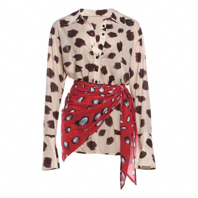 women's contrast animal print collared shirt dress