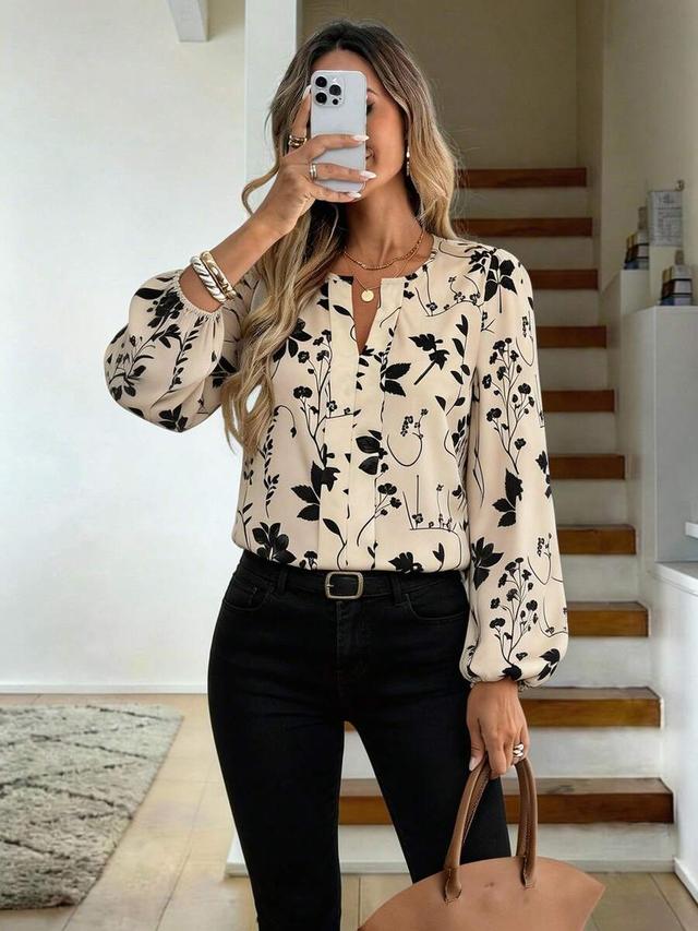 beige floral print long sleeve puff sleeve blouse