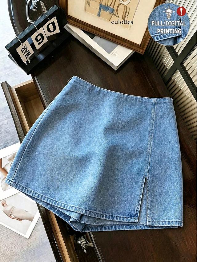 high waist denim skort with front slit
