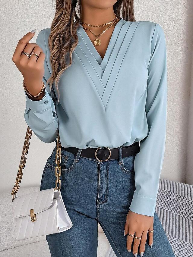 elegant light blue v-neck long sleeve blouse