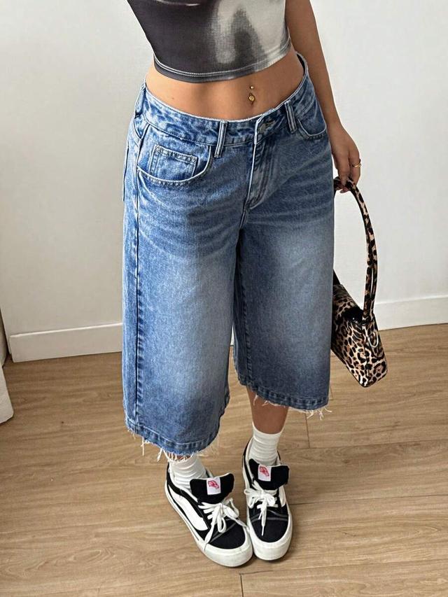 mid-wash denim bermuda shorts with raw hem