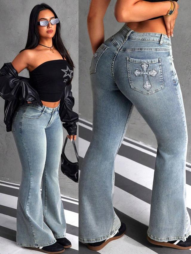 light wash cross pocket flare leg jeans