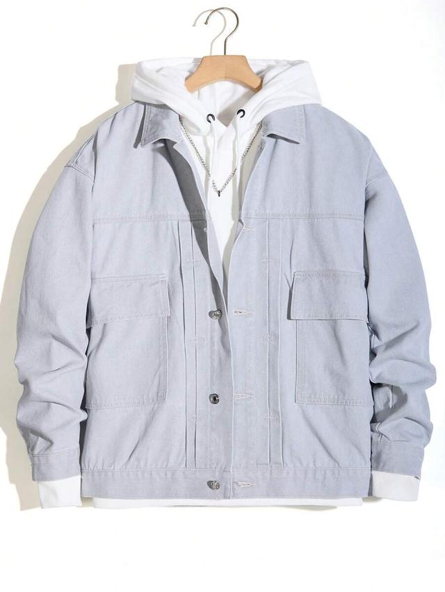 light grey denim flip-pocket long sleeve jacket