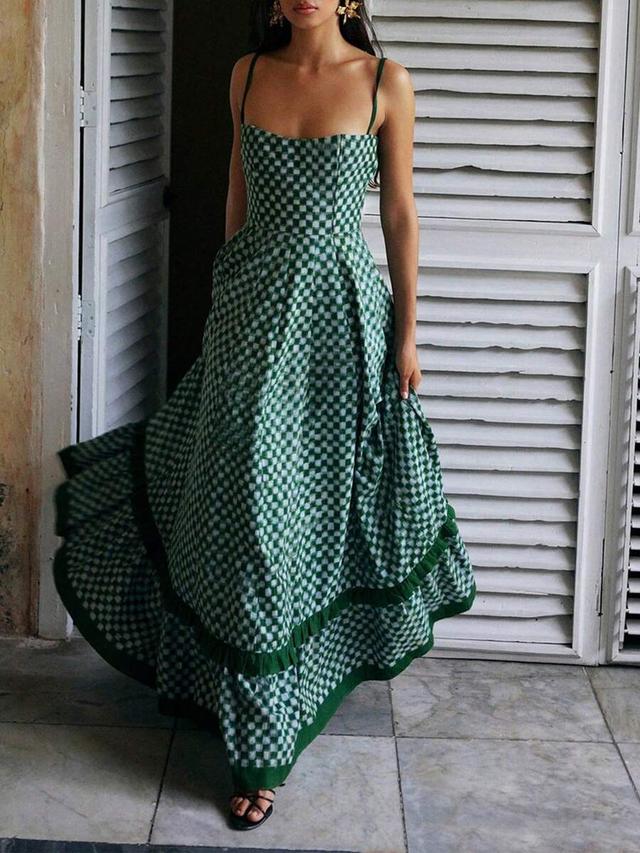 green and white checkered cotton midi dress