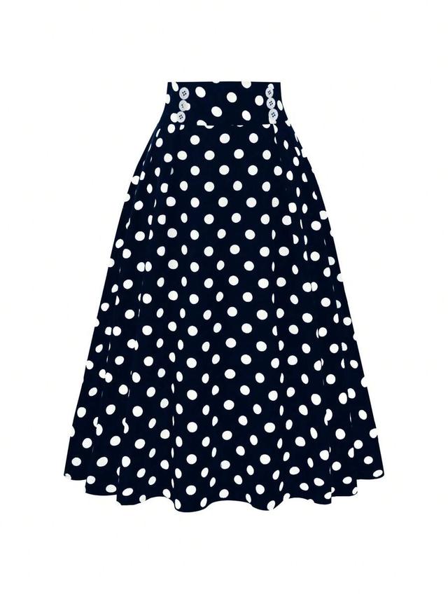 navy polka dot high waist button detail skirt