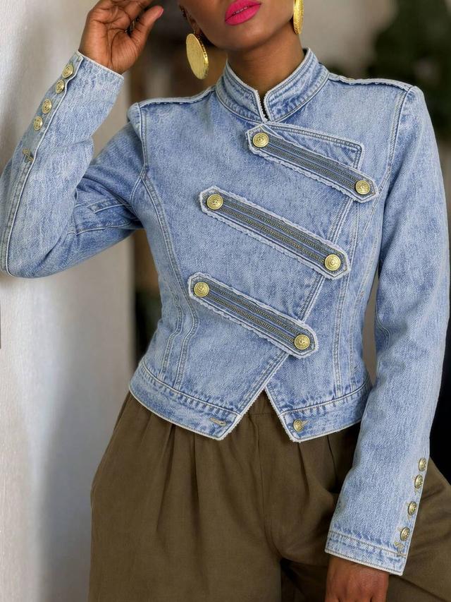 cropped denim jacket with gold asymmetric placket
