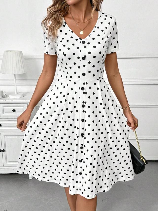 white polka dot v-neck casual tea dress