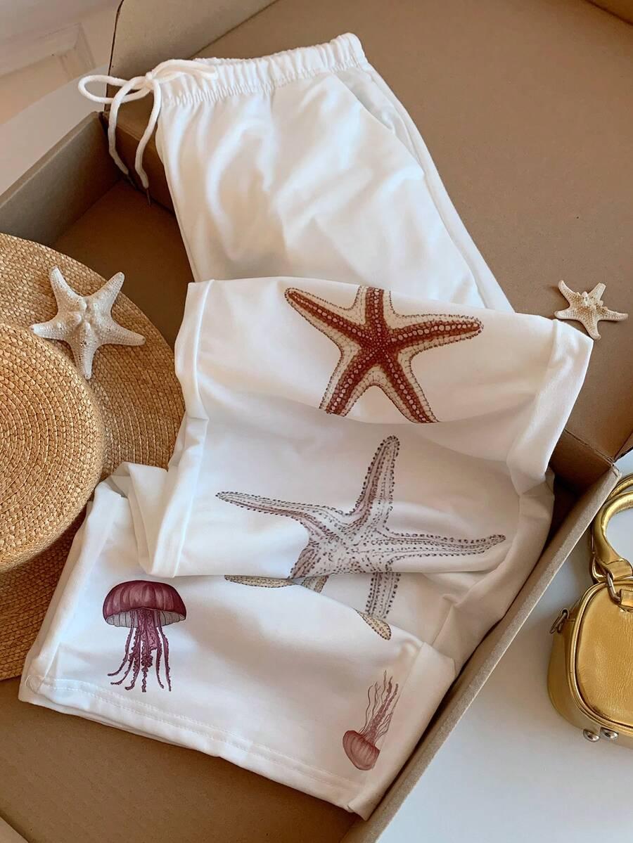 white starfish print drawstring wide leg sweatpants