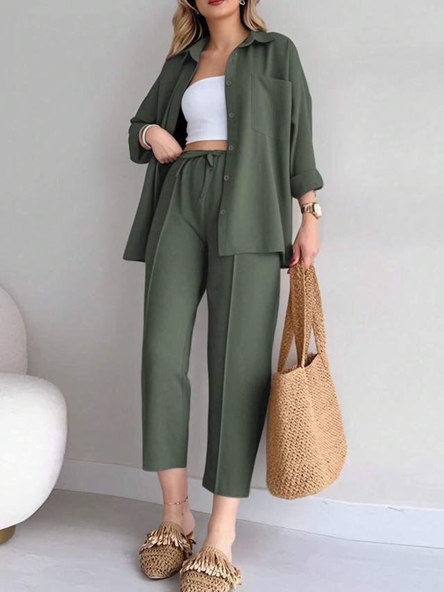 olive green casual loose shirt and trousers set
