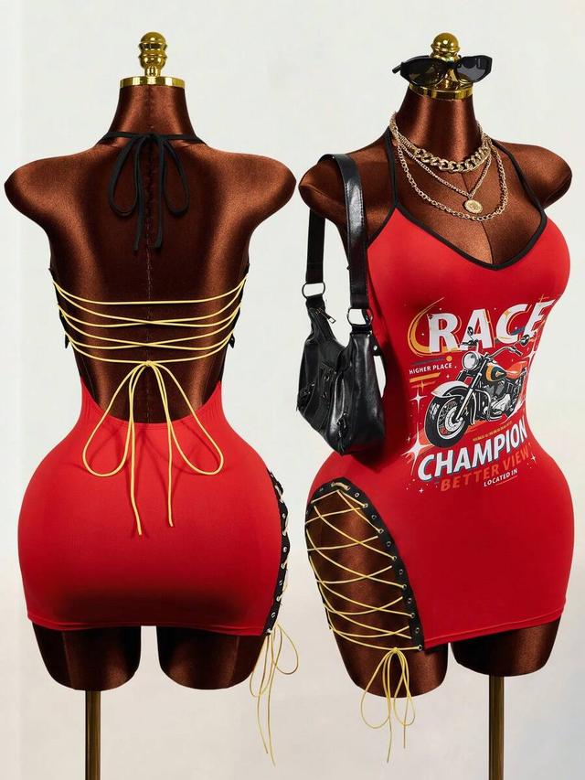 red motorcycle graphic print lace-up camisole dress