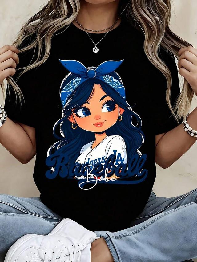 women los dodgers baseball cartoon graphic cotton t-shirt