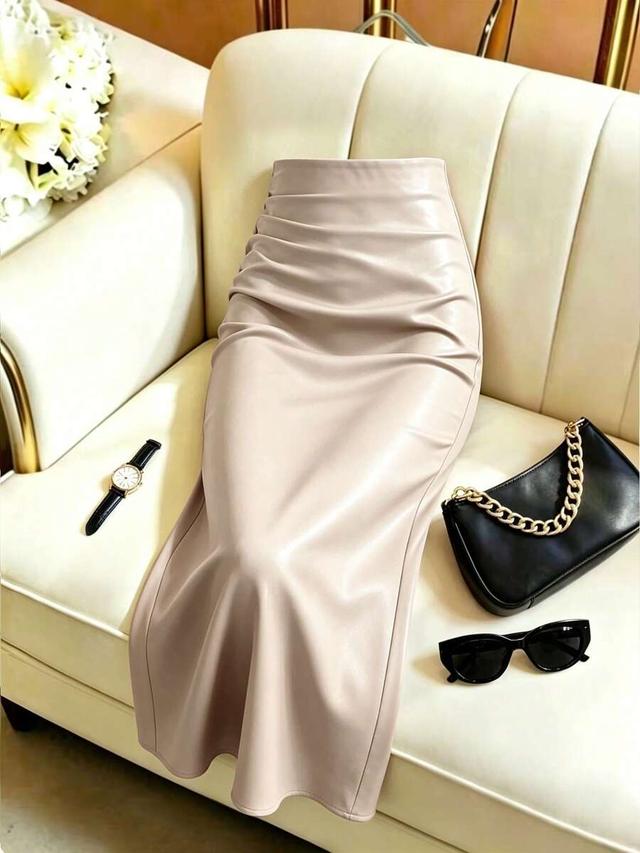 beige faux leather midi skirt with side ruching