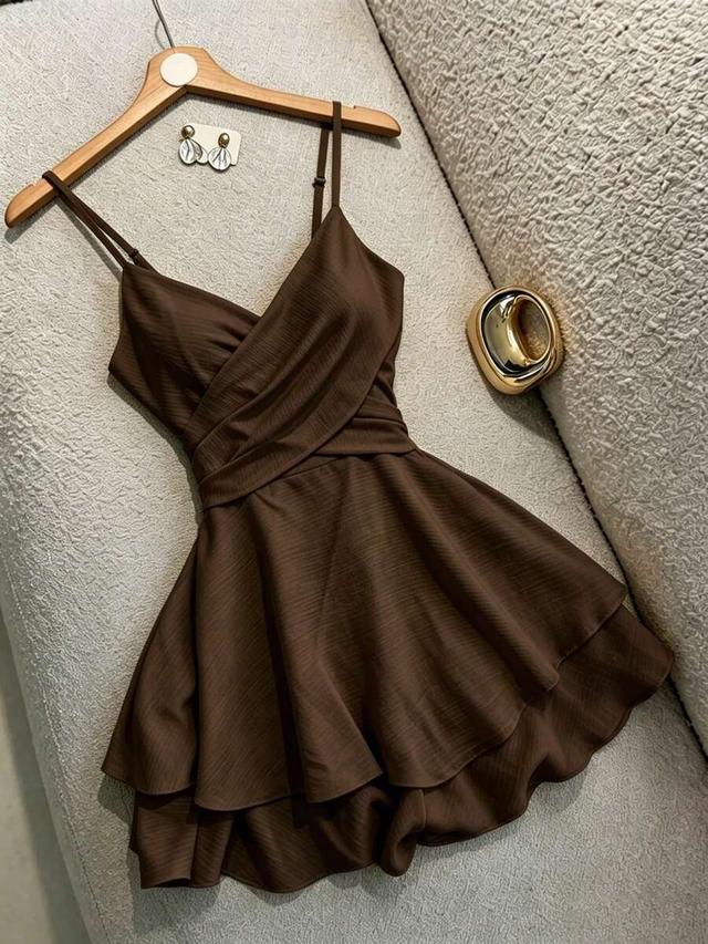 brown textured wrap-front spaghetti strap mini dress