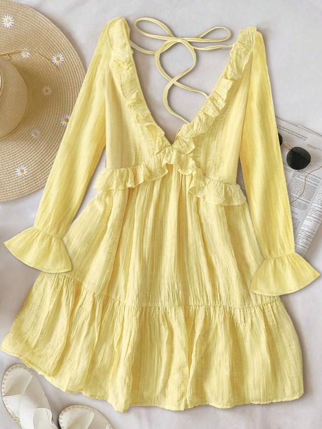 yellow ruffle strap minimalist mini dress