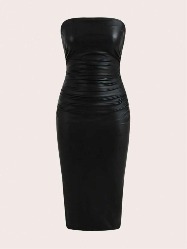 black faux leather strapless ruched midi dress