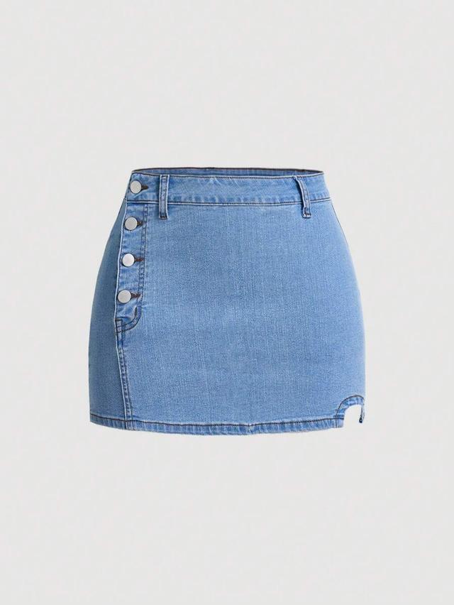 light wash denim mini skirt with side button detail