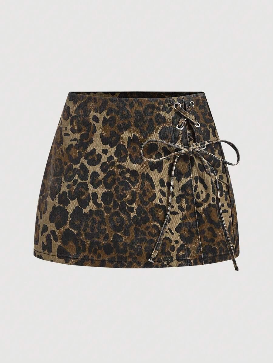 leopard print criss-cross side strap denim skort