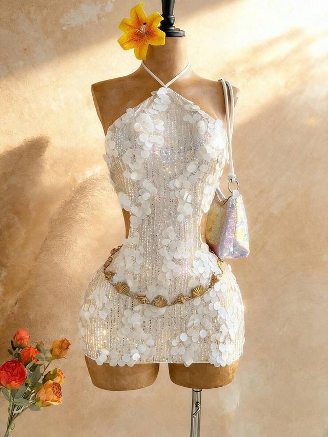 white sequin and petal embellished halter mini dress