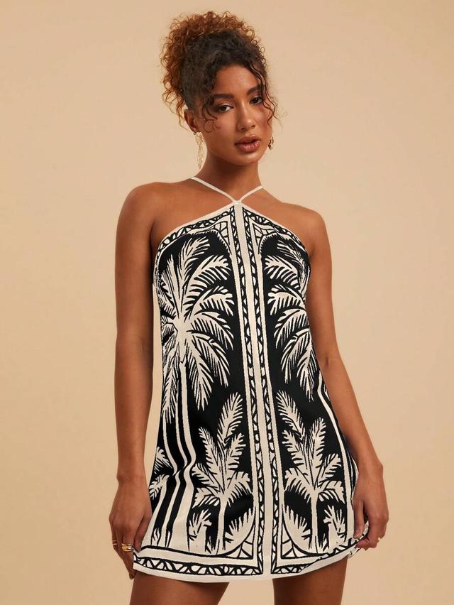 black and white tropical print halter mini dress