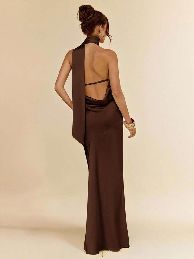 dark brown minimalist satin asymmetric one shoulder tie dress