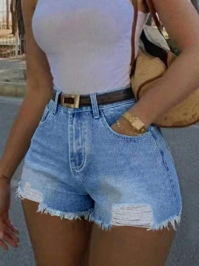 distressed light wash denim shorts with raw hem