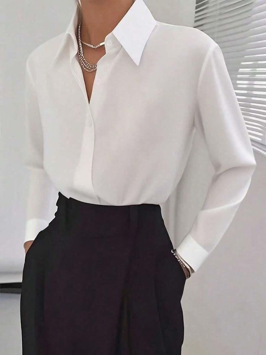women's long sleeve casual solid color button-up office shirt white