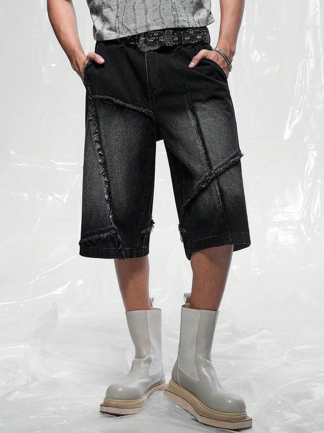 distressed black denim wide leg streetwear shorts