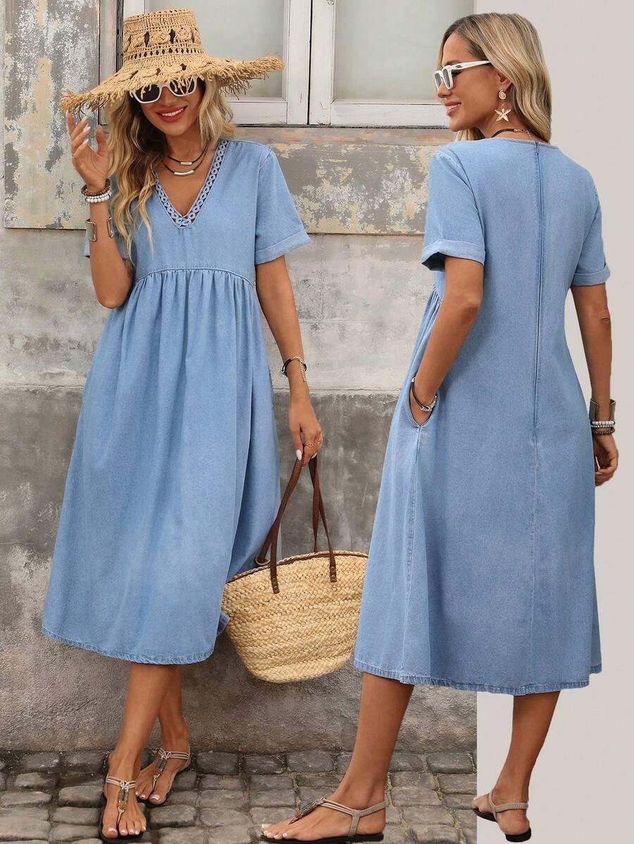 light blue chambray v-neck midi dress
