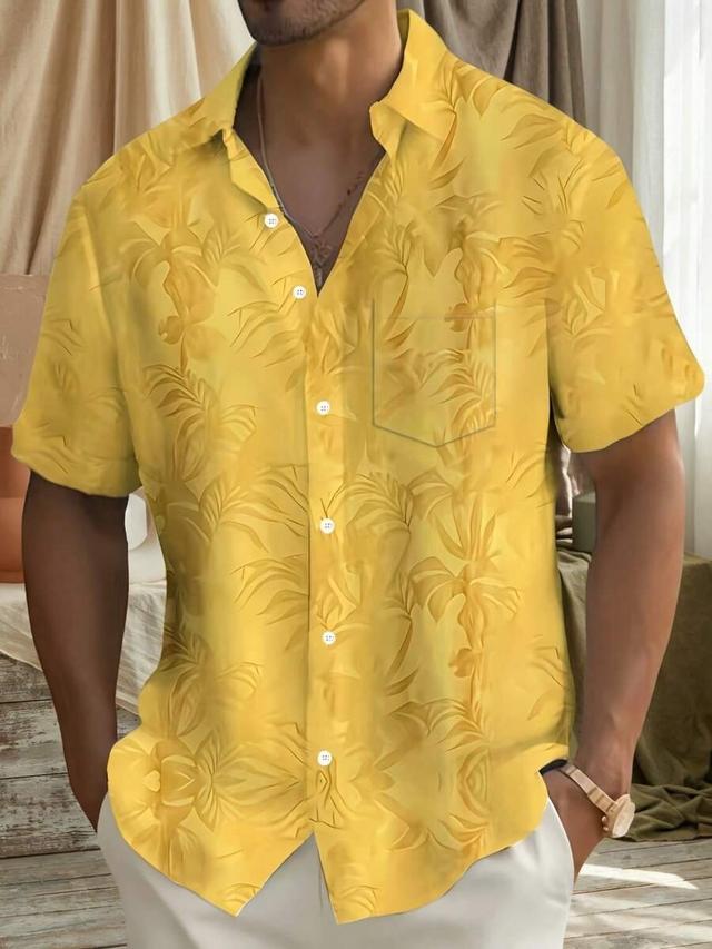 men's yellow tropical print button-up aloha shirt