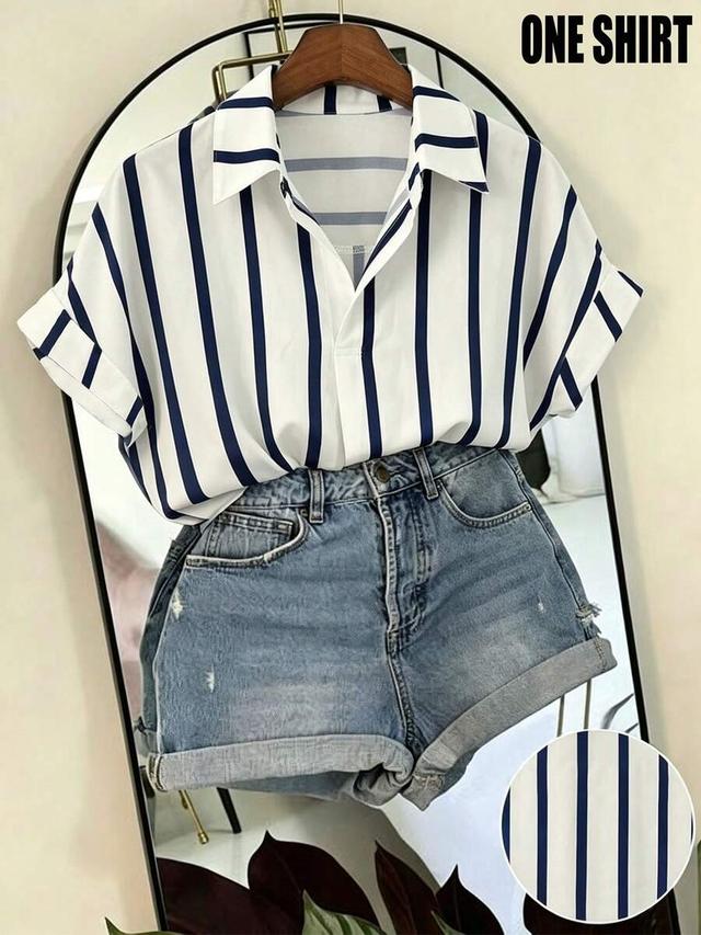 french-style loose batwing sleeve striped collared shirt