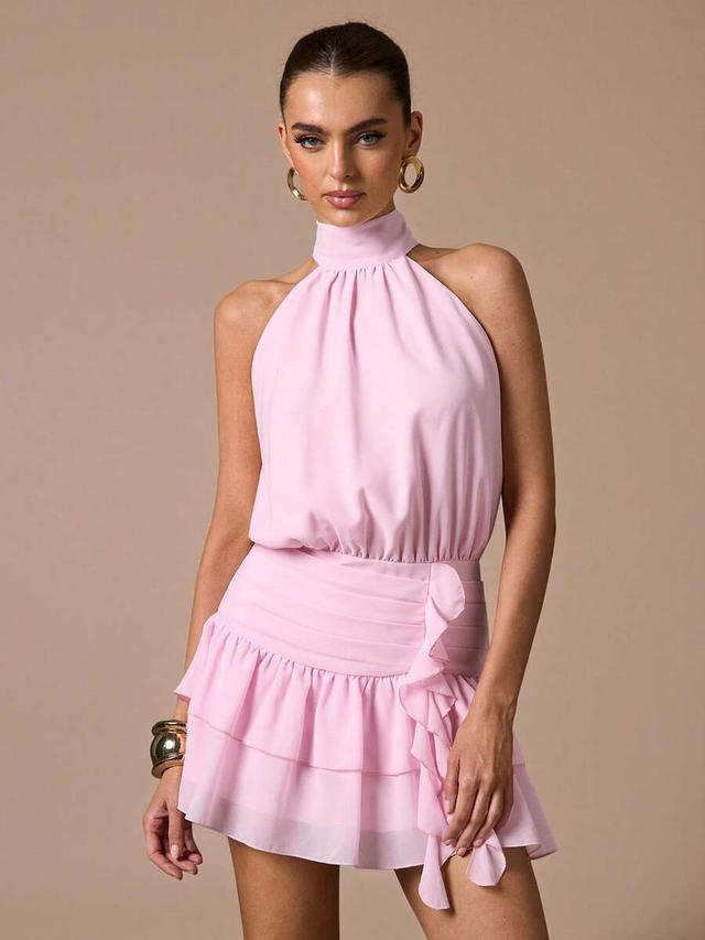 light pink halter neck ruffled mini dress